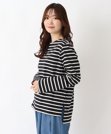 コットン ボートネックボーダー長袖プルオーバー