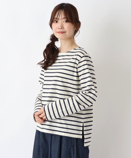 コットン ボートネックボーダー長袖プルオーバー