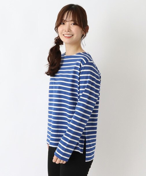 コットン ボートネックボーダー長袖プルオーバー