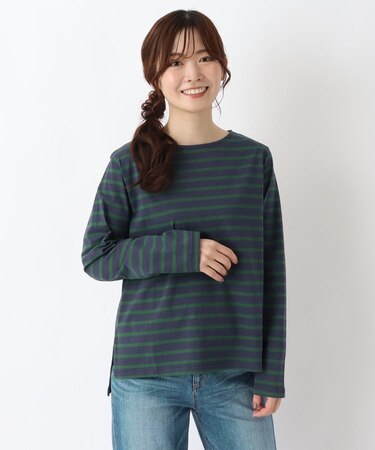 コットン ボートネックボーダー長袖プルオーバー