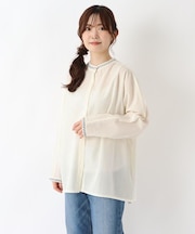 綿麻スタンドカラー 刺繍入りブラウス