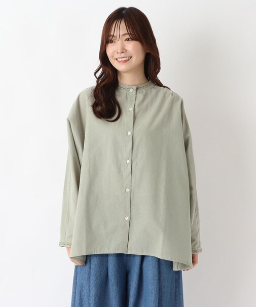 綿麻スタンドカラー 刺繍入りブラウス