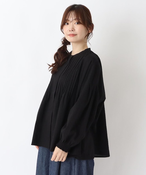コットン長袖ピンタックブラウス