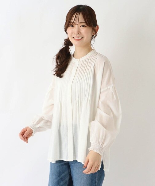 コットン長袖ピンタックブラウス