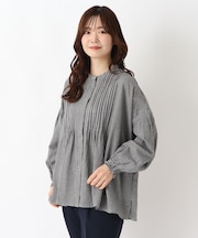 コットン長袖ピンタックブラウス