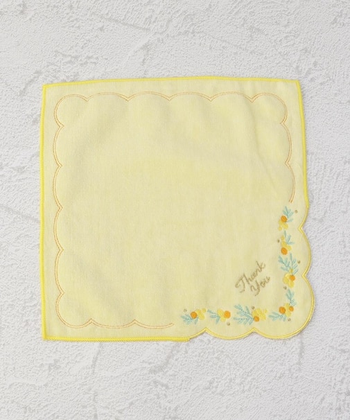 ◆【ワンズテラスオリジナル】ミモザ刺繍 タオルハンカチ スカラップ