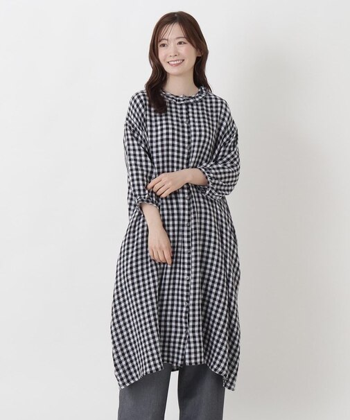 コットン楊柳 Wガーゼ8分袖フリルワンピース