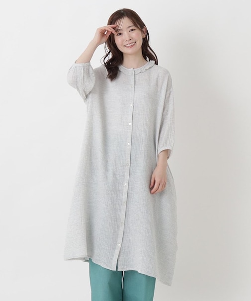 コットン楊柳 Wガーゼ8分袖フリルワンピース