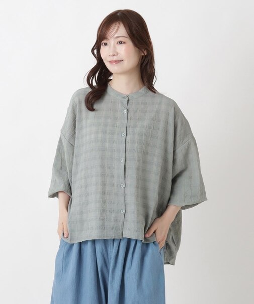 バンドカラー シアーチェックシャツ