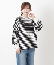 ツイストスリーブ 長袖ボーダープルオーバー