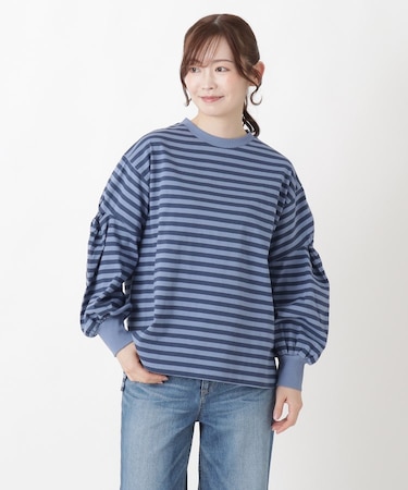 ツイストスリーブ 長袖ボーダープルオーバー
