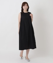 綿麻 サイドギャザー ノースリーブワンピース