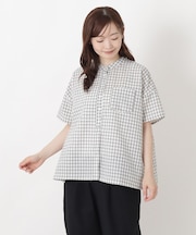 リップル加工 チェック柄前開きブラウス
