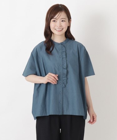 カラーデニム フリル付き4分袖ブラウス