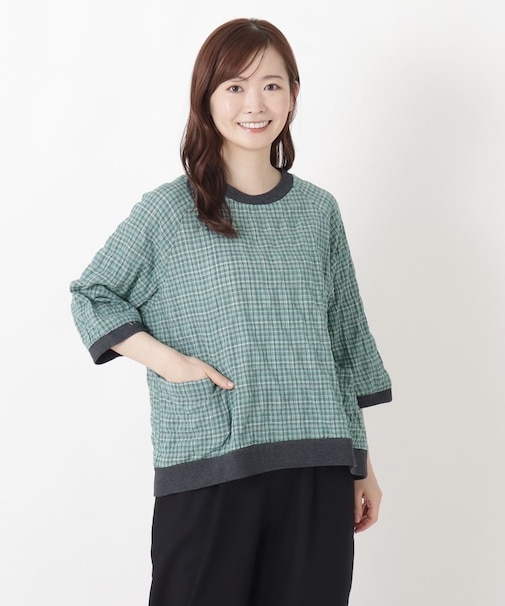 チェック柄 ラグラン7分袖ブラウス