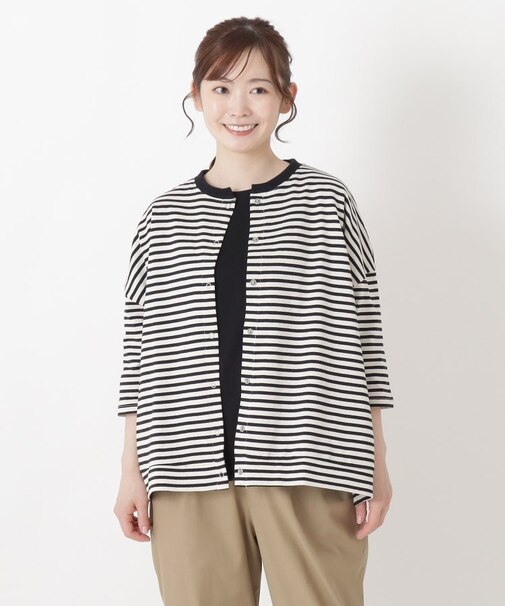 UV加工 天竺ボーダー6分袖カーディガン
