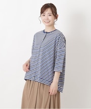 UV加工 天竺ボーダー6分袖カーディガン