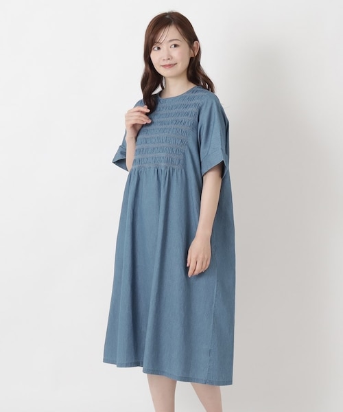 スモッキング 刺繍入りデニムワンピース｜ワンズテラスの通販｜&mall
