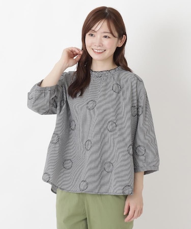 サークルドット刺繍 6分袖ブラウス