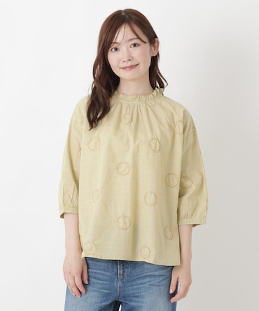 サークルドット刺繍 6分袖ブラウス