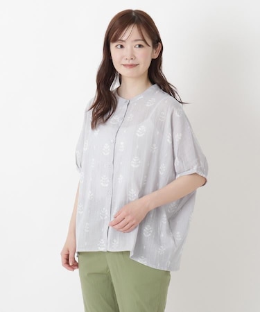 麻プリント前開きブラウス
