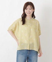 麻プリント前開きブラウス