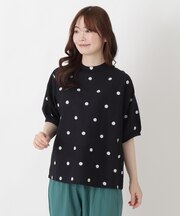 綿麻ドット刺繍 パフスリーブブラウス