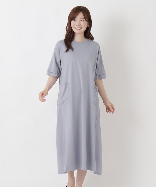 【ひんやり】コットン天竺 切替コンビ5分袖ワンピース