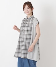 チェック柄フレンチスリーブチュニックシャツ