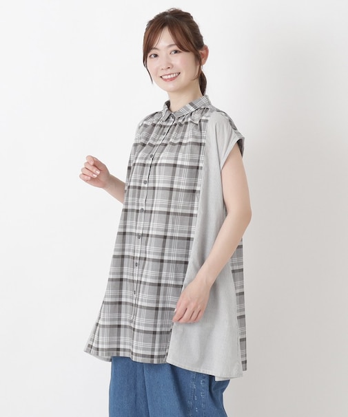 チェック柄フレンチスリーブチュニックシャツ