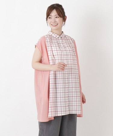 チェック柄フレンチスリーブチュニックシャツ