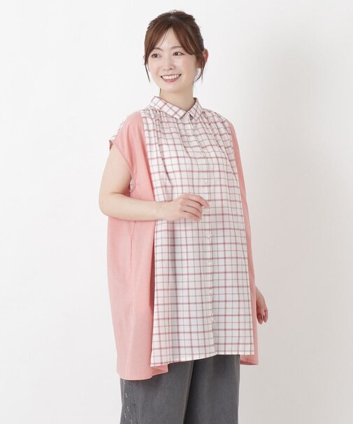 チェック柄フレンチスリーブチュニックシャツ