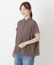 衿フリル フレンチスリーブチェックシャツ
