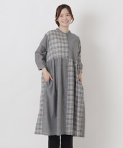 チェック柄 コンビ前開き8分袖ワンピース