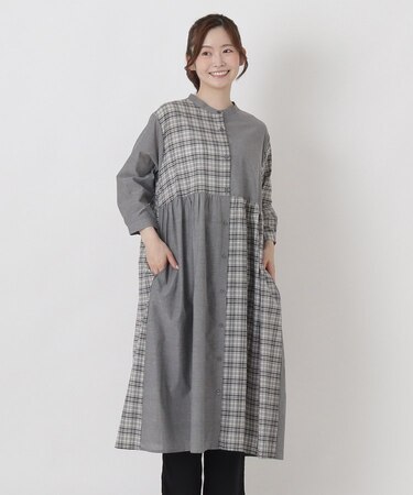 チェック柄 コンビ前開き8分袖ワンピース