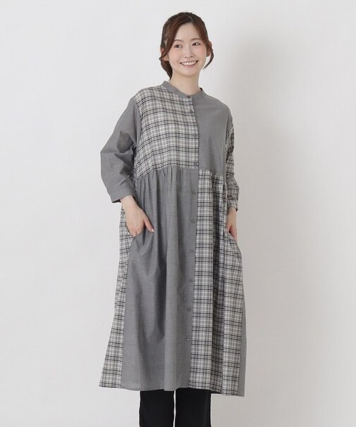 チェック柄 コンビ前開き8分袖ワンピース