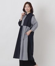 チェック柄 コンビ前開き8分袖ワンピース
