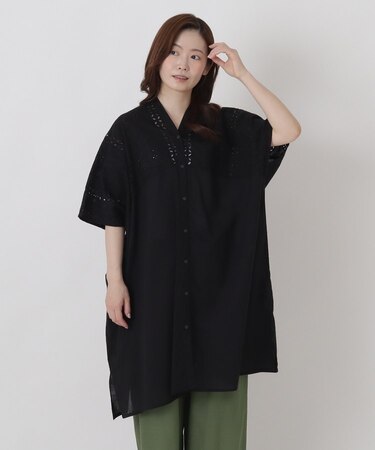キャンブリック 刺繍切替チュニックブラウス