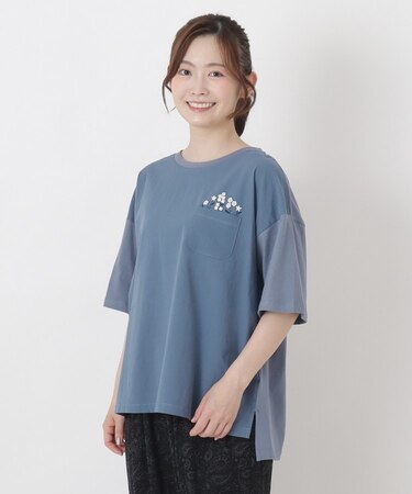 花刺繍入り 5分袖プルオーバー
