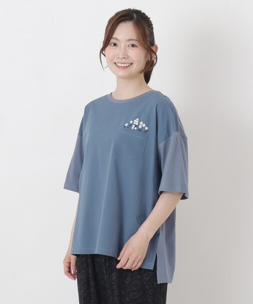 花刺繍入り 5分袖プルオーバー