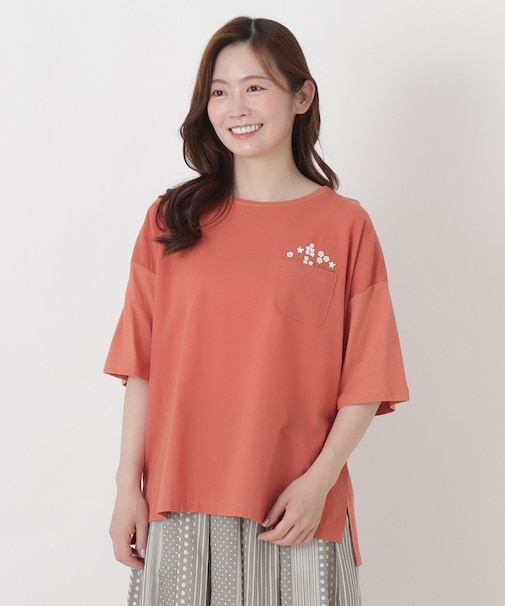 花刺繍入り 5分袖プルオーバー