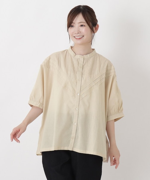 刺繍切替 7分袖ブラウス