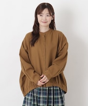 麻混裾ギャザー ワイドシャツ