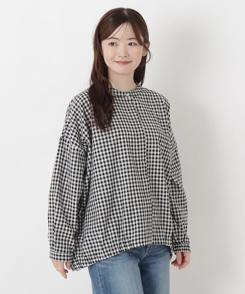 麻混裾ギャザー ワイドシャツ