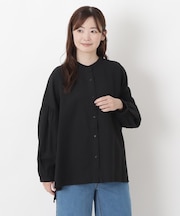 綿麻 バンドカラー ボリューム袖ブラウス