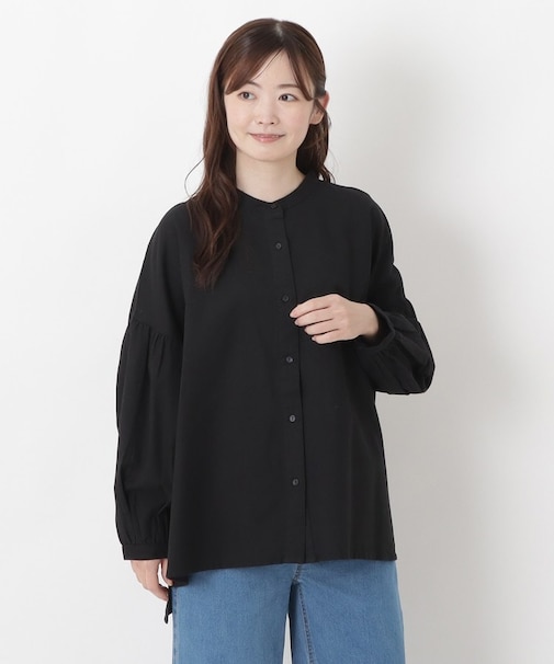 綿麻 バンドカラー ボリューム袖ブラウス