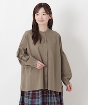 綿麻 バンドカラー ボリューム袖ブラウス