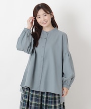 綿麻 バンドカラー ボリューム袖ブラウス