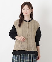 綿タッチ クルーネック透かし柄編みベスト