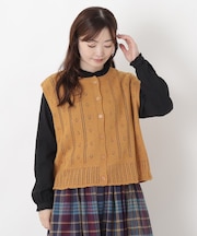綿タッチ クルーネック透かし柄編みベスト